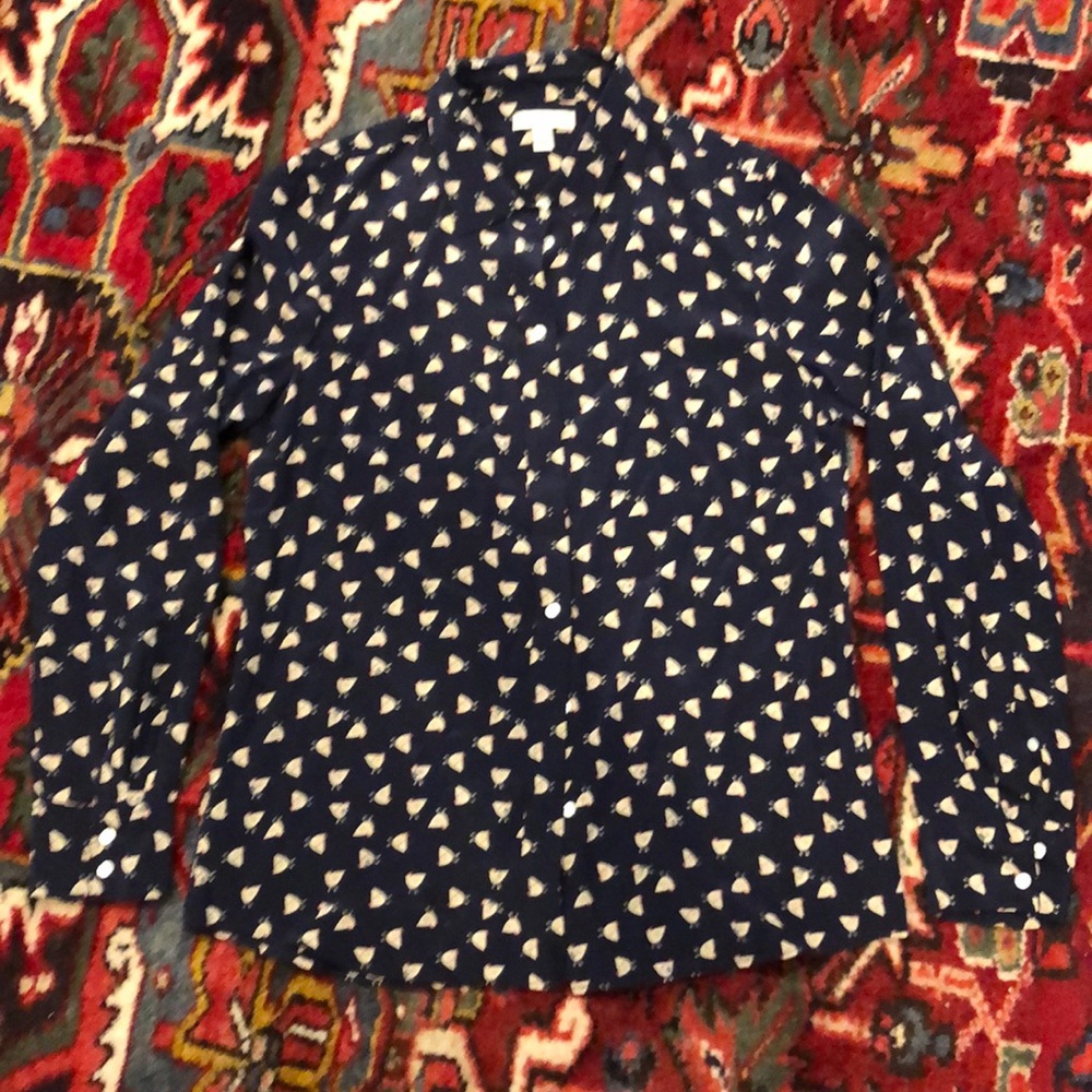 J Crew Navy Silk Button Down with Chicken Pattern